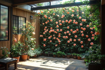 Obraz premium Sunlit Courtyard Garden Wall Abundant Peach Roses