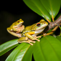 Dumpy frog litoria caerulea on green leaves dumpy frog on branch tree frog on branch