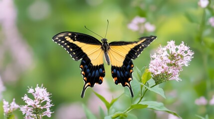 Vibrant Yellow Butterfly Perched on Blooming Flowers in a Lush Green Garden Scene