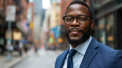 Fototapeta premium Confident businessman in urban setting for corporate branding and professional networking campaigns