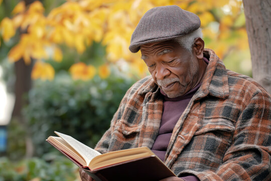 Elderly African American man reading a book in a peaceful park.