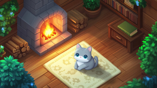 Adorable Gray Cat Relaxing on a Rug by a Warm Fireplace in a Cozy Wooden Cabin Interior