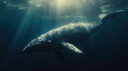 Naklejka premium Blue Whale swimming gracefully near the ocean surface at dawn