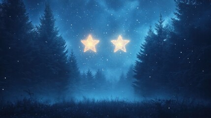 Naklejka premium Enchanting starry night scenery with glowing stars shining above a snowy pine forest landscape in a tranquil serene and atmospheric winter setting