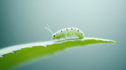 Fototapeta premium Green Caterpillar Crawling on Leaf with Soft Focus Background in Nature Setting