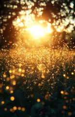 A field of grass with a sun shining on it. The sun is bright and the grass is golden