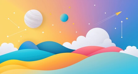 Dreamy abstract landscape with colorful waves, planets, stars, and clouds in a vibrant sky