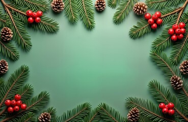 Top view of pine branches with cones, red berries arranged on muted green background. Christmas festive composition. Perfect for holiday designs winter themes. Simple design elements create aesthetic.