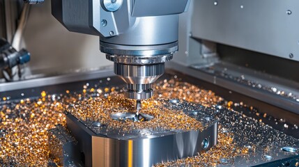High-Precision CNC Milling Machine Cutting Metal Part with Shimmering Metal Shavings in Industrial Workshop Environment