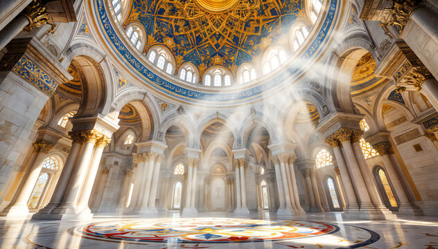 An ornate domed interior of a grand mosque , with intricate geometric patterns and stained glass windows. The ceiling is decorated with an elaborate golden chandelier. 