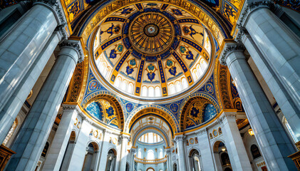 Obraz premium A grand, ornate domed interior of a cathedral , with intricate patterns and designs covering the walls and ceiling. The central dome features a large, ornate chandelier and is surrounded by arched