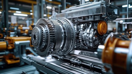 Fototapeta premium Close-up of a Dissected Engine in a Factory Setting