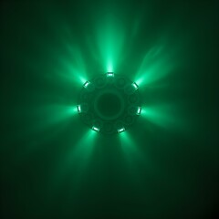 The image shows a circular light fixture with a dark circular center, radiating green light beams that create a circular pattern on a dark background.