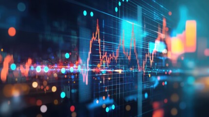 Obraz premium Data Visualization with Abstract Financial Chart, Colorful Bokeh, and Digital Elements Highlighting Market Trends and Analysis