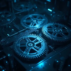 The image shows a close-up of industrial machinery with a focus on a series of cogwheels, illuminated by a blue glow.