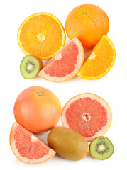 Kiwi, grapefruit and orange fruits isolated on white background. Collage.