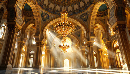 A grand, ornate interior of a mosque with a large, intricate chandelier hanging from the domed ceiling. The walls are decorated with intricate patterns and arched windows allow beams of light to strea