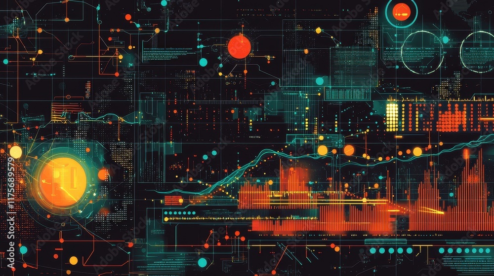 Fototapete Abstract digital data visualization with vibrant colors and dynamic patterns for modern technology concepts