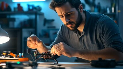 A focused Latino technician tightens a propeller on a drone, his hands steady under the warm glow of a desk lamp in a workshop buzzing with creativity. - Powered by Adobe