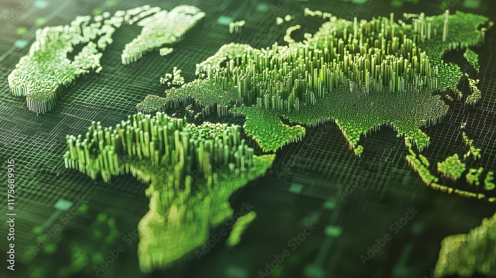 Poster abstract 3d model of world map with green color palette representing global connectivity and data vi