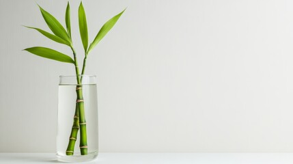 Fototapeta premium Two green bamboo shoots growing in a glass of water against a minimalist white background, representing sustainable practices and eco conscious living