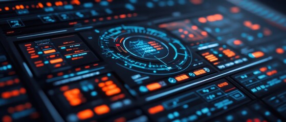 Obraz premium Futuristic digital interface design with glowing buttons and graphs, ideal for tech presentations and innovative projects.