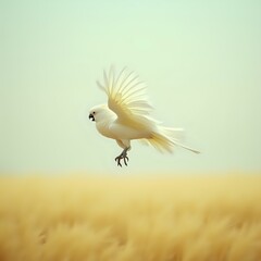 A soaring white bird with outstretched wings is captured in mid-flight over a field of golden wheat.
