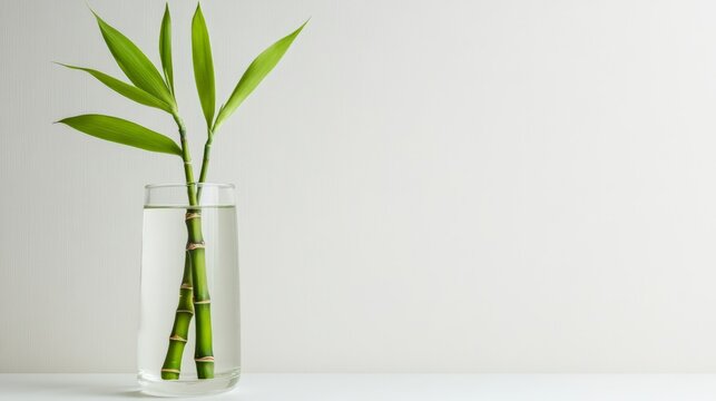 Two green bamboo shoots growing in a glass of water against a minimalist white background, representing sustainable practices and eco conscious living