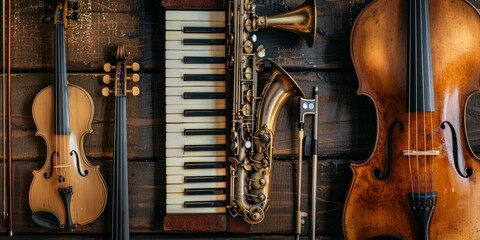 Symphony of strings and brass featuring a beautiful flat lay of classic musical instruments on a rustic wooden background
