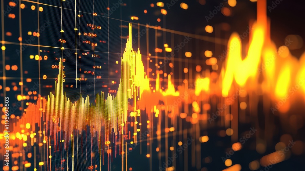 Poster dynamic financial data visualization with colorful graph lines and digital statistics on dark backgr