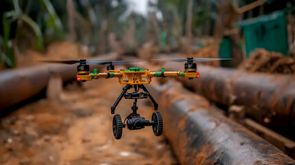 Gold drone flying over pipes in a jungle.