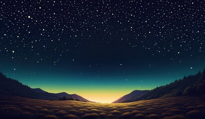 A surreal landscape with a field of glowing  a crescent moon, and a starry sky