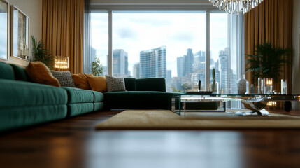 Fototapeta premium Glamorous penthouse living room showcasing city views with modern decor and elegant furnishings