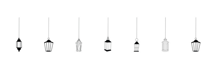 Set of Islamic lantern icons. Vector silhouettes in green and white. Perfect for Ramadan and Eid designs