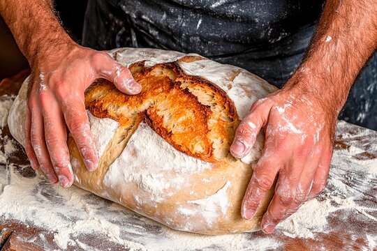 Hands skillfully kneading fresh bread dough on a rustic wooden table