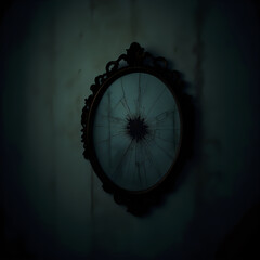 Obraz premium The image shows a round mirror with a dark frame, displaying a cracked and distorted reflection in the center against a dark background.