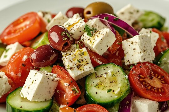 close-up of greek salad with fresh feta olives cucumber and tomatoes set on crisp white background with generous copy