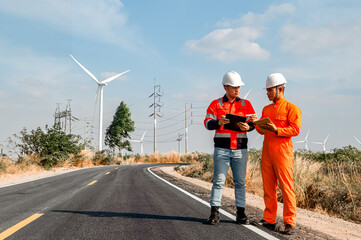 Fototapeta premium Wind turbine maintenance engineers are planning to inspect the performance of wind turbines in each area.