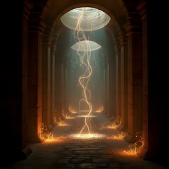 A digitally rendered image depicting a long, dimly lit corridor with a central column flanked by glowing, fiery streams of light that appear to be emanating from a large dome above.
