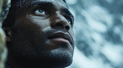 An African American man with a determined expression looks up, his face glistening with moisture. The backdrop features a cool, misty landscape, emphasizing focus and contemplation
