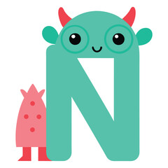 Funny and cute alphabet N with monster