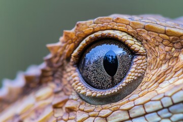 Fototapeta premium close-up of lizard eye with intricate scales and reflections of its terrarium environment in stunning detail