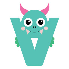 Funny and cute alphabet V with monster