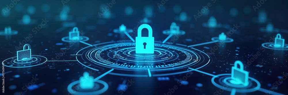 Poster futuristic tech illustration shows interconnected security system. network structure with many digit