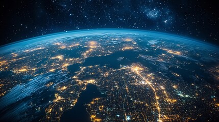 Earth at night, city lights, space view, global illumination,  environmental background