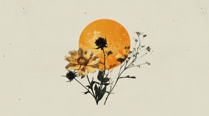 A unique logo showcases preserved flowers artfully arranged in front of a vibrant sun. The design emphasizes nature's beauty and creativity, offering an inviting aesthetic