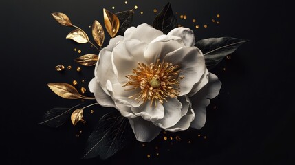 A stunning preserved flower in white features intricate golden leaves and accents set against a dark backdrop, emphasizing its delicate design and elegance