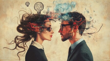 Two individuals face each other, embodying the contrast between logic and creativity. Their thoughts visually manifest around them, showing the power of intellect and imagination in today's world