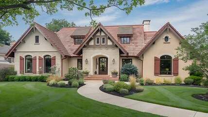 Charming Suburban Home with Red Shingle Roof and Stone-Stucco Exterior Surrounded by Vibrant Landscaping