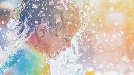Fototapeta premium Joyful Child Playing in Water Splashing Under Sunlight with Colorful Bokeh Effect in a Bright Summer Scene